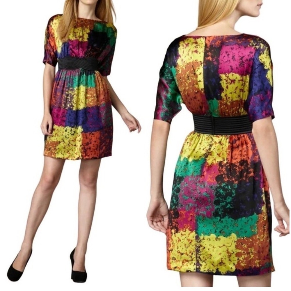 Trina Turk Size 2 Fosse Shanghai Silk Mini Dress Color-Block Retro Modern Boho